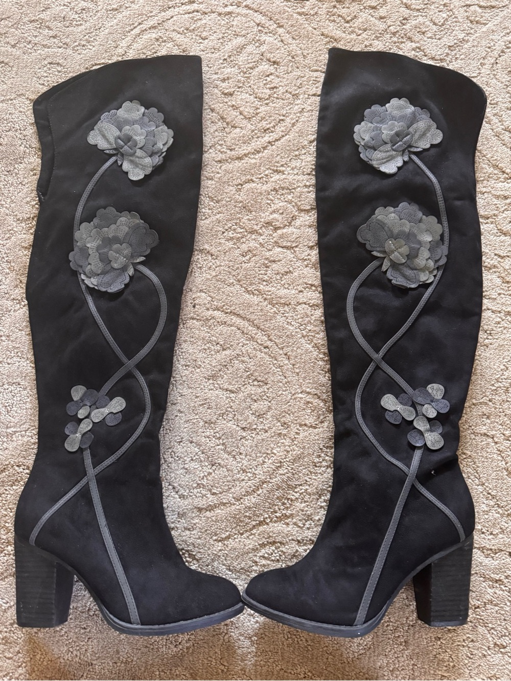 Not Rated Black Over-the-Knee Heeled Boots with Floral Appliqués